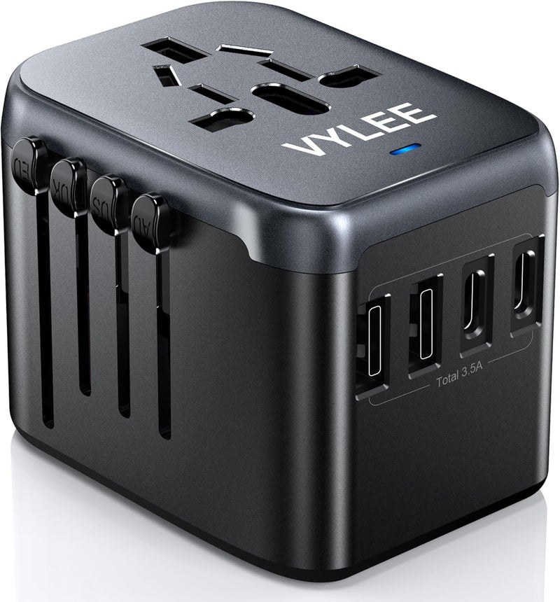 VYLEE Universal Travel Adapter, 5 in 1 International Power Adapter, 3.5A 2xUSB-A and 2xUSB C Wall Charger, Worldwide Travel Essentials Plug for Europe USA UK AUS Asia (Black Grey) - Image 1